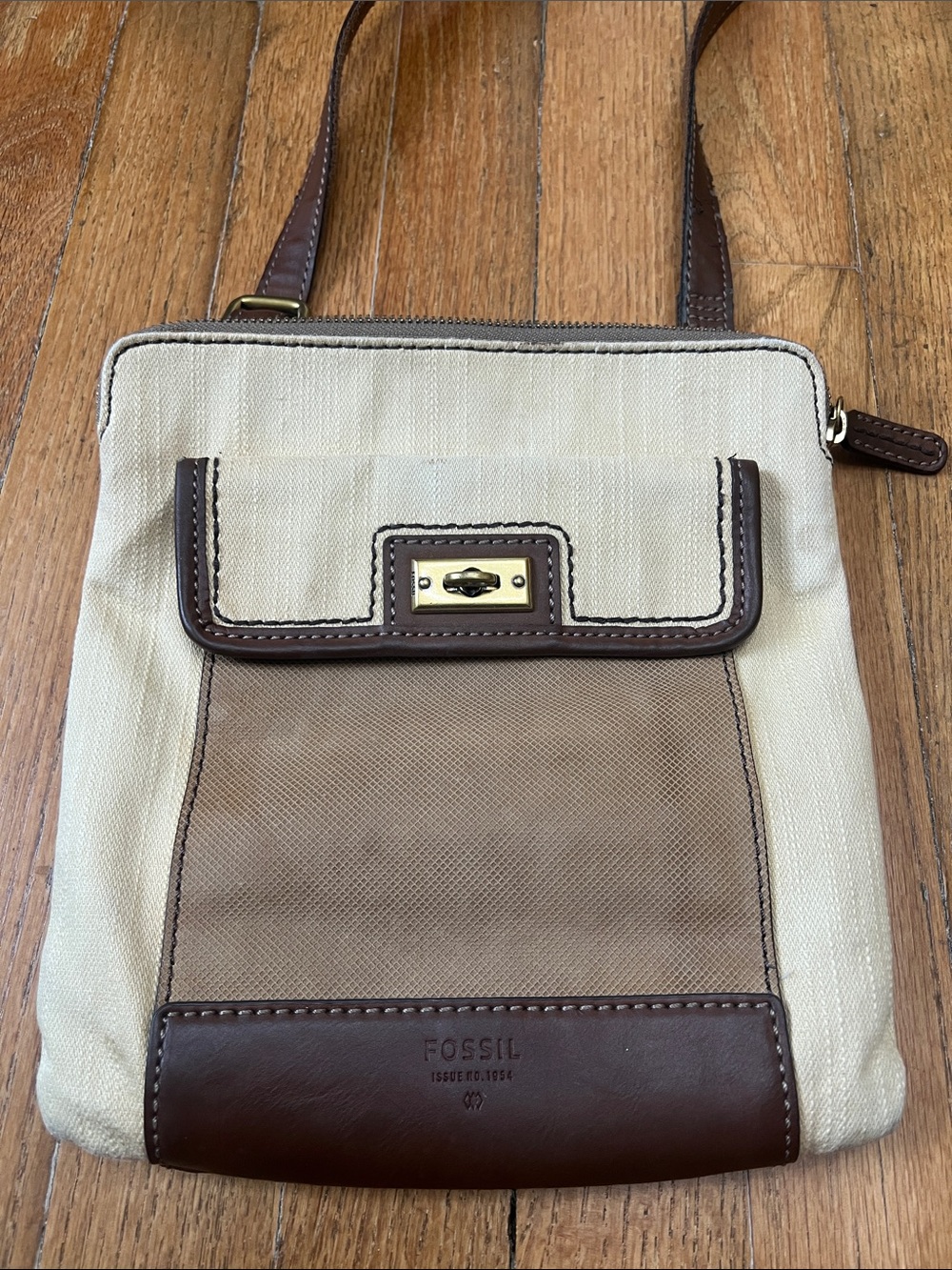 Fossil Beige and Brown Canvas Crossbody Messenger